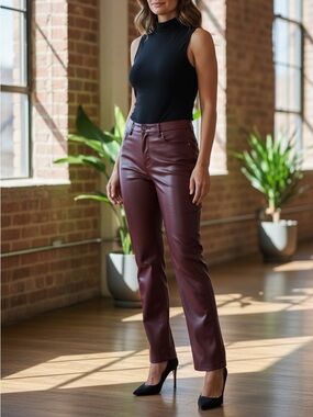 Joie Faux Leather Straight-Leg Pants in Burgundy Size 14 - NWT